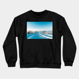 Blue Scandinavian Winter Landscape With Mysterious Fog on Sunny Cold Day Crewneck Sweatshirt